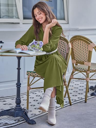 Image of Wenrine Womens Casual 3 /4 Sleeve Shirt Dress Button Down V Neck Tiered Collared Flowy Maxi Dress