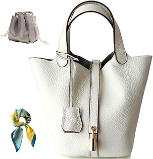 Genuine Leather Bucket Bag for Women: Lock Design Shoulder Handbag Versatile Top-Handle Tote Fashionable Vegetable Basket