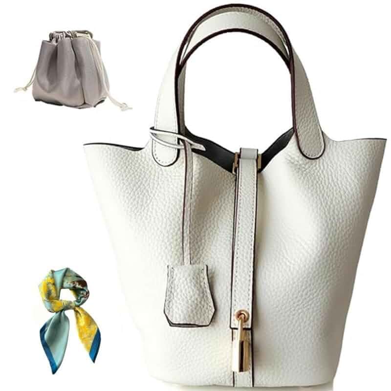 Genuine Leather Bucket Bag for Women: Lock Design Shoulder Handbag Versatile Top-Handle Tote Fashionable Vegetable Basket