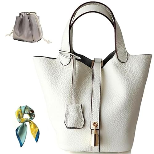 Genuine Leather Bucket Bag for Women: Lock Design Shoulder Handbag