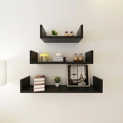 Miniatura 4 de 3 estantes de exhibición de pared flotantes en forma de U de MDF negro para almacenamiento de librosDVD, estantes flotantes montados en la pared,