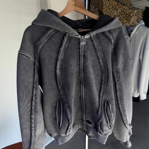 Oversized men's zipper long sleeved retro hoodie with pockets, pickled street style top2