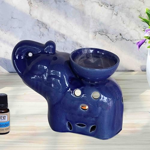 Image of Pure Source India Blue Elephant Ceramic Oil Burner with Tealight Candle - Handcrafted Decorative Aroma Diffuser for Home & Spa Use