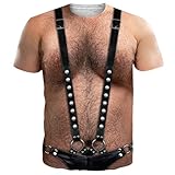 uideazone Men's Funny Hairy Chest with Leather Harness Design Short Sleeve Crew Neck T-Shirt for Cosplay Events XXL