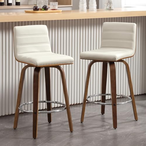 Bekrvio Bar Stools 26 Inch Counter Height, Set of 2, PU Leather Swivel Counter Stools with Backs, L Shape Back and Bentwood Legs, Mid-Century Modern Upholstered Kitchen Counter Stool Pub Chairs, White