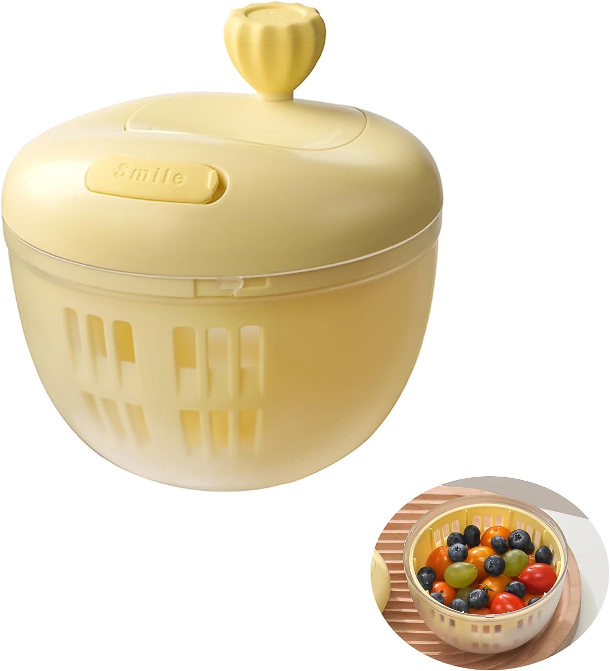 Fruit Washing Bowl Container with Lid,360 °Rotating with Handle,Fruits Cleaning and Draining Bowls,Berry Fruit Fridge Containers,Kitchen for Washing,Storage（Yellow）