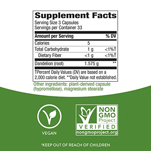 Nature's Way Dandelion Root, 1,575 Mg Per Serving, Non-Gmo, Gluten Free, Vegetarian, 100 Capsules #TOP3