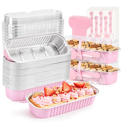LOKQING 50 Pack Mini Loaf Pans with Lids Rectangle Individual Cake Pans Aluminum Foil Pans for Large Gatherings Picnics Vacations Parties (Pink, 6.8 OZ)