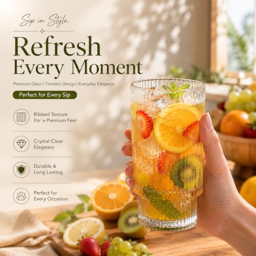 Image of bellemax Ribbed Glasses - 6 Pcs 330 ML & 6 Pcs 190 ML Water and Juice Glasses, Premium Ribbed Drinking Tumblers, Glassware Set for Home, Kitchen, Dining & Parties Set of 12