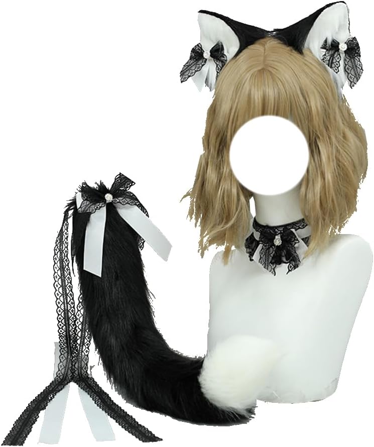 Cute Cat Ears Tail Necklace Set Plush Ear Tail Bow Choker Halloween Party Costume Props Cosplay Animal Accessories