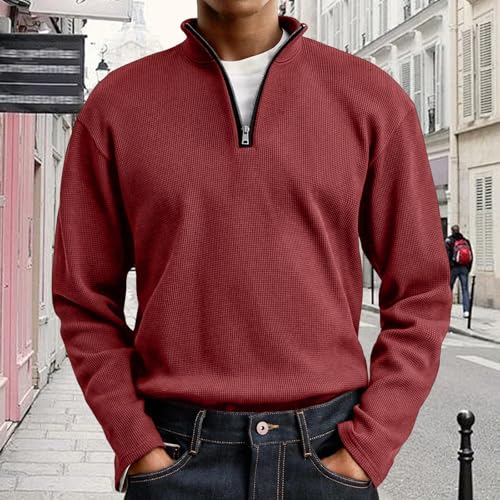 Quarter Zip Pullover Sweaters for Men Casual Mock Neck Winter Warm Long Sleeve Ribbed Polo Top2