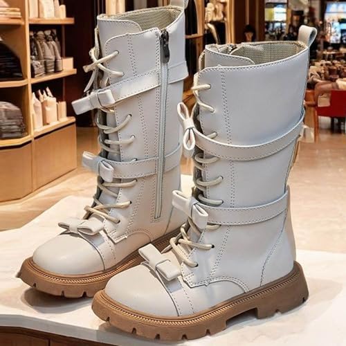 Girls High Top Faux Leather Boots Bowknot Side Zipper Lace-up Long Boots Fashion Chunky Heel Knee High Combat Shoes2