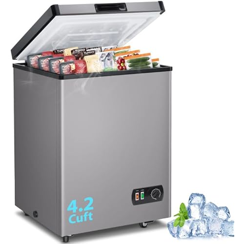 4.2 Cubic Feet Deep Chest Freezer, LifePlus Compact Freezers with 7 Adjustable Thermostat Top Open Door Freezer Compressor Cooling with Rmovable Storage Basket for Home Kitchen Office and Bar Grey
