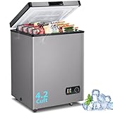 4.2 Cubic Feet Deep Chest Freezer, LifePlus Compact Freezers with 7 Adjustable Thermostat Top Open Door Freezer Compressor Cooling with Rmovable Storage Basket for Home Kitchen Office and Bar Grey