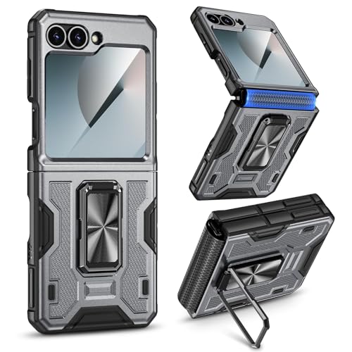 Image of VEGO Phone Case for Z Flip 6 Built-in Screen Protector & Hinge Cover | Aujustable Ring Kickstand Shockproof Case for Samsung Flip 6 2024 - Gray