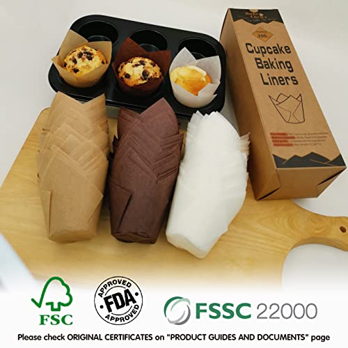 Bake Choice Nordic Paper 200pcs Tulip Cupcake Liners for Baking Cups EU Parchment paper Standard Size Tulip Muffin Liners, Cupcake Wrapper, Brown, White, Unbleached Natural for Party, Christmas