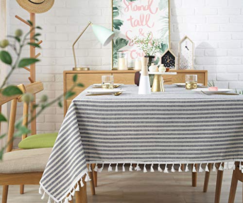 Trudelve Heavy Duty Cotton Linen Table Cloth Stripe Tassel Rectangle Tablecloth Dust-Proof Table Cover For Kitchen Dinning Tabletop Decoration (55"X70", Blue) #TOP4