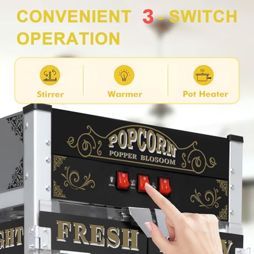 Image of Commercial Popcorn Machine with Cart & Wheels - Popcorn Maker Machine with 22OZ Stainless Steel Kettle, Pop corn Machine Maker for Home, Parties, Movie Theater, Black