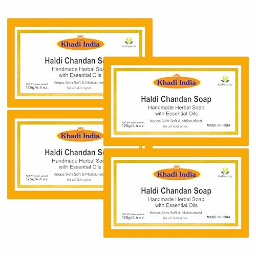 Image of Khadi 100% Pure & Natural Handmade Soap Chandan Haldi Soap | Herbal Bathing Soap for Glowing Skin Pack of 4