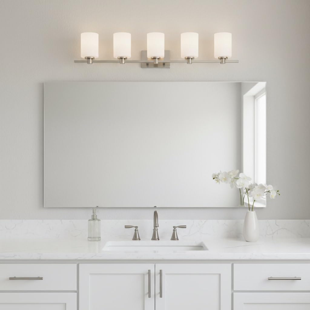 Hinkley Karlie Five Light Vanity, Brushed Nickel Finish with Etched Opal Glass Karlie Bathroom, Brushed Nickel