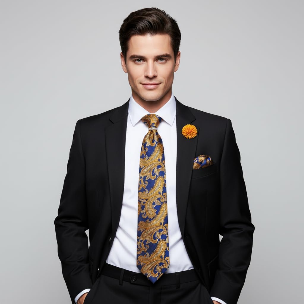 5PCS Tie and Pocket Square for Men, Silk Necktie and Handkerchief Cufflinks with Gold Ring and Lapel Pin Set
