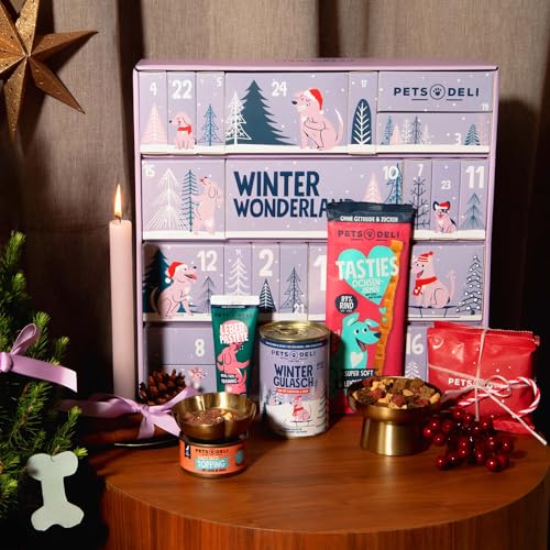 Pets Deli Adventskalender 2025 für Hunde, 24 Türchen mit Snacks, Nassfutter & Gutschein, 1280 g