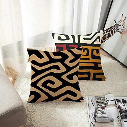 Artsocket Set Of 4 Throw Pillow Covers Orange Tribal Kuba Inspired Earth Colors Geometric Ethnic Black Brown Mud African Decorative Pillow Cases Home Decor Square 18X18 Inches Pillowcases #TOP1
