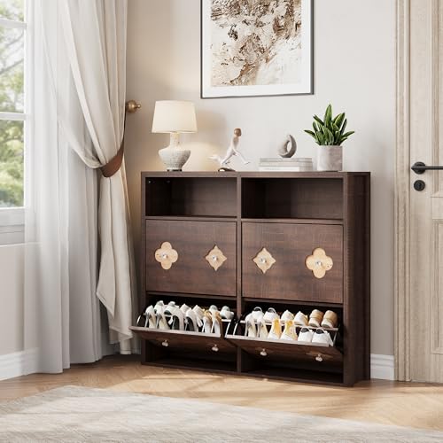 Image of GarveeHome Shoe Storage Cabinet with 4 Flip Drawers & Adjustable Shelves | Floral Pattern, Shoe Cabinet for Entryway, Hallway, Living Room, Narrow Wooden Shoe Cabinet, Brown