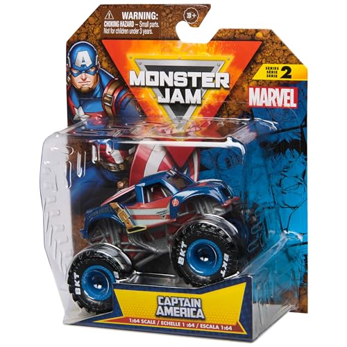 Monster Jam, Marvel Official Captain America Monster Truck, Die-Cast Vehicle, 1:64 Scale, Super Hero Kids Toys for Boys Ages 3 and up