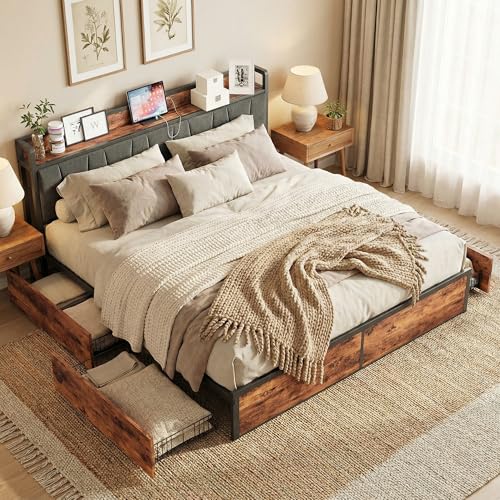 Image of LIKIMIO King Bed Frame with 4 Storage Drawers, Platform Bed with Charged Headboard, Sturdy and Stable, No Noise, No Box Spring Needed, Easy to Install, Vintage Brown and Gray