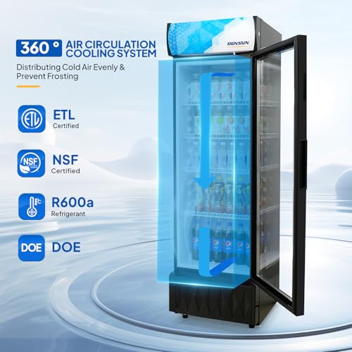Image of ROVSUN 8.5 Cu.Ft Commercial Beverage Refrigerator ETL NSF, Slim Merchandiser Refrigerator Display Refrigerator Beverage Cooler Glass Door Fridge w /Adjustable Shelves LED Light for Bar Restaurant Cafe