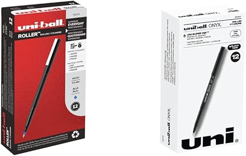 uni-ball Bolígrafos de punta fina de punta fina, 0.020 in, azul, paquete de 12 y bolígrafos de punta fina ónix, 0.028 in, negro, paquete de 12