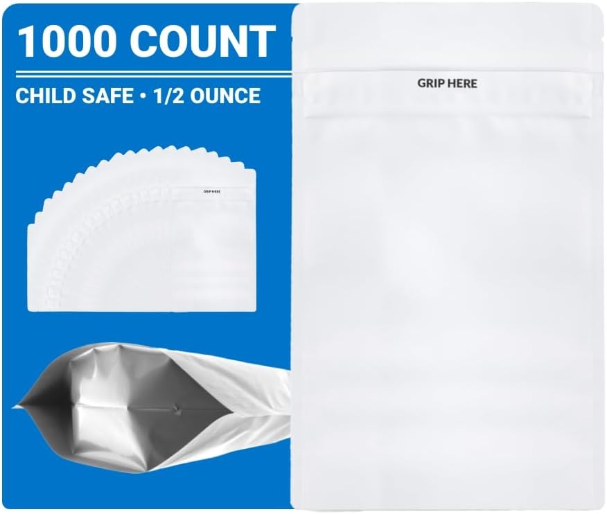Loud Lock Mylar Bags 1000 Count 8.125" x 5" All White - Child Resistant - Mylar Bags For Food Storage - Resealable Bags