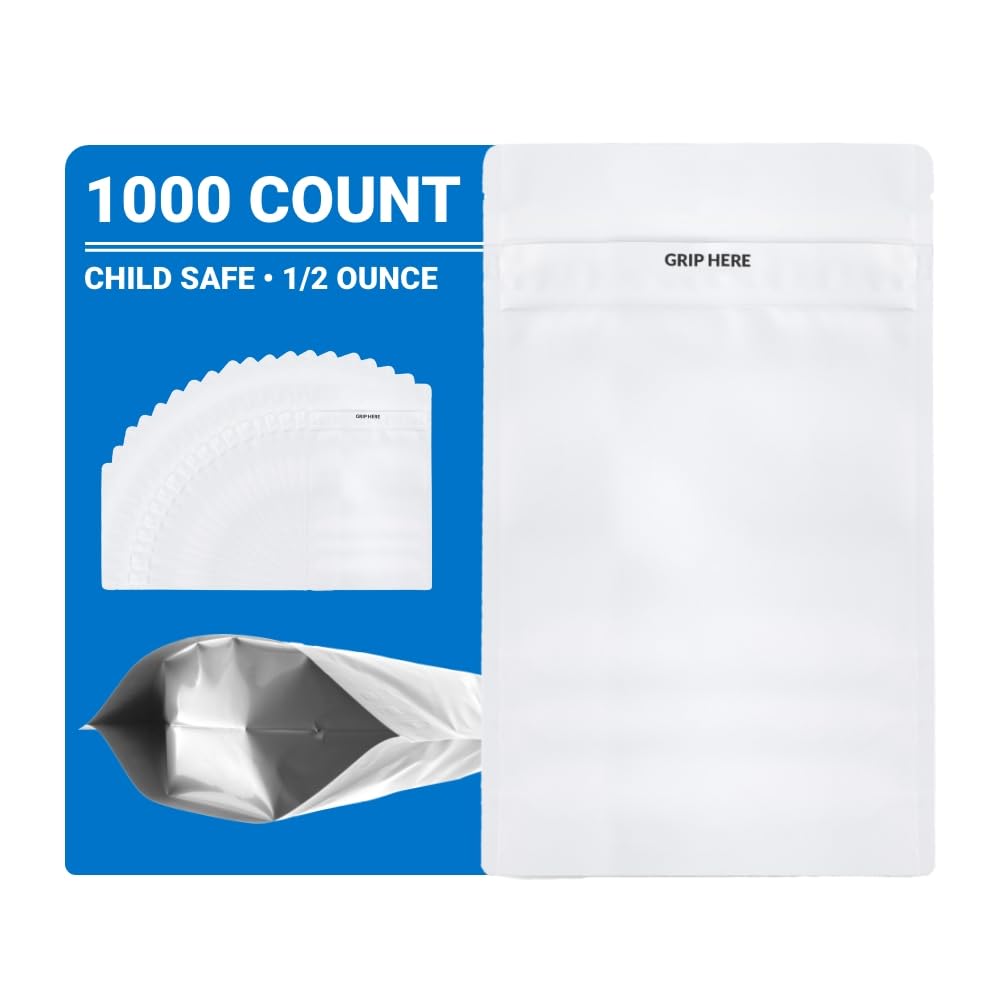 Loud Lock Mylar Bags 1000 Count 8.125" x 5" All White - Child Resistant - Mylar Bags For Food Storage - Resealable Bags