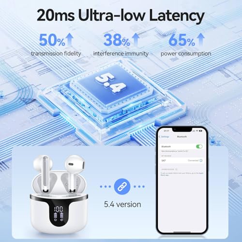 Image of Wireless Earbuds, Bluetooth 5.4 Headphones HiFi Stereo with 4 HD Mic, 50H Playtime Bluetooth Earbuds with Dual LED Display, IPX7 Waterproof Wireless Earphones, Touch Control Ear Buds,USB-C,White