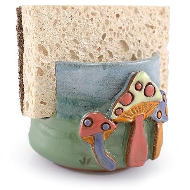 American Handmade Pottery Kitchen Sponge Holder, Enchanted Mushrooms Motif