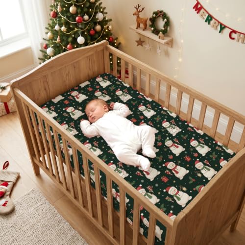 Image of JISEN Christmas Fitted Crib Sheets for Boys Girls 52x28 Inch Snowman Green