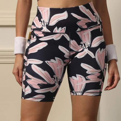 Image of SOIE Women Polyester Blend Sports Shorts High Waist Knee Length with Side Pocket Quick Dry Squat Proof Athleisure Shorts for Workout