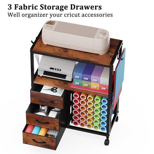 Image of 30 Vinyl Roll Holders for Cricut Cart, Rolling Craft Cart with 3 Fabric Drawer, Craft Organization and Storage Compatible with Cricut Maker Machine, Crafting Cabinet Table Workstation, Rustic Brown