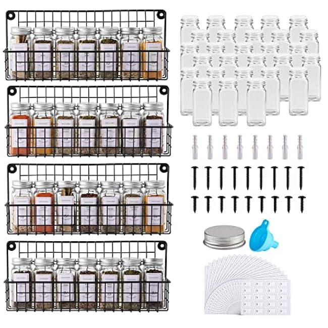 Spice Rack with 28 Jars and Labels,4 Tier Wall Mounted Spice Rack with Jars with 400 White Spice Labels, Chalk Marker and Funnel Set for Cabinet, Countertop, Pantry, Cupboard or Door & Wall Mount.