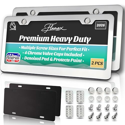 Premium Chrome License Plate Frames with 2 Anti-Scratch Pads & 4 Tire Valve Caps Heavy Duty Rust-Free Chrome License Plate Frame 2 Pack for Women & Men 2 Holes Universal Fit for Cars & Trucks
