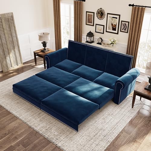 Image of Eafurn 93.7 inch King Size Pull Out Sofa Bed, 3-in-1 Convertible Sleeper Sofa Couch Bed with Nailhead Decor and Rolled Arms, Velvet Oversized Chesterfield Loveseat Chaise Lounge
