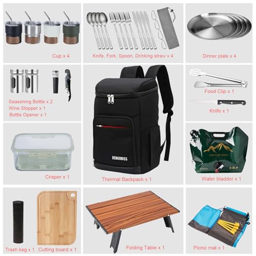 Image of Picnic Backpack Set with Fold Table, Water Bag, Cooler Ice Box & Stainless Steel Utensils - Portable Outdoor Camping Gear for Family Picnics & Hiking (Black, A-4 Person)