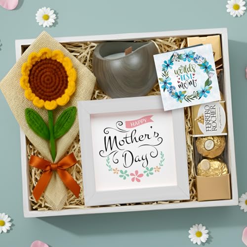 Image of TIED RIBBONS Gift for Mom, Birthday Gift for Mom Women Wife Mother in Law Mummy | Handcrafted Crochet Flower | Chocolate Gifts Pack | Printed Frame | Candle | Greeting Card from Daughter Son