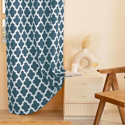Image of HOMEMONDE Door Curtains Set Of 2 - Cotton Quatrefoil Curtain 7 Feet Long, Hand Block Print Hangs With Eyelets, (Blue - 84 Inches)(Eyelet)