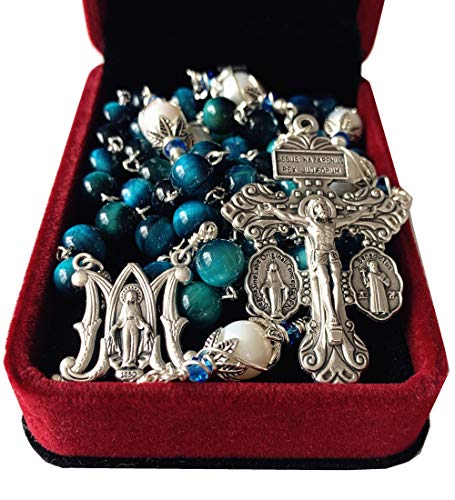 elegantmedical HANDMADE Peacock Blue Tiger Eye Beads Prayer Beads & (AAA) 10mm Pearl Catholic 5 Decade Rosary Cross Necklace Gift Box Italy Parden Crucifix2