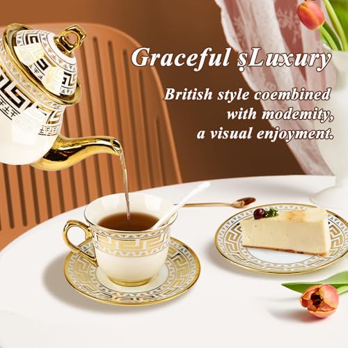 Elegant 20-Piece European Vintage Porcelain Tea Set with Gold Trim - Complete Afternoon Tea Gift Set with 6 Cups, Saucers, and Hand-Painted Floral Design - Image 4