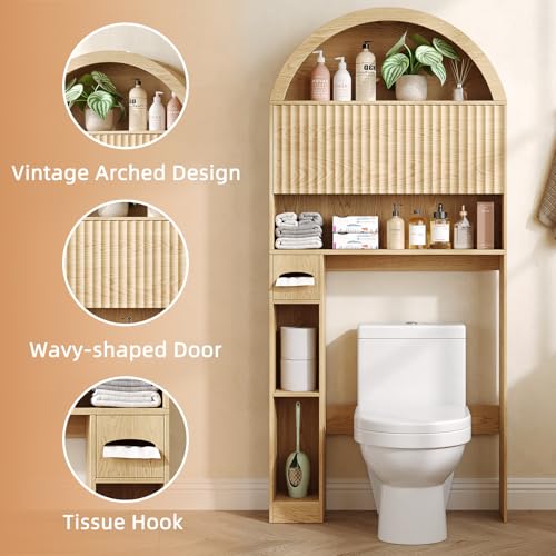 Image of 31 inch W Arched Over The Toilet Storage Cabinet, Fluted Doors, Natural