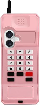 UnnFiko 3D Silicone Case Compatible with iPhone 16, Retro Classic Creative Soft Rubber Bumper Cover Cool Fun Thick Protective Stand Case Retro Cellphone Pink, iPhone 16