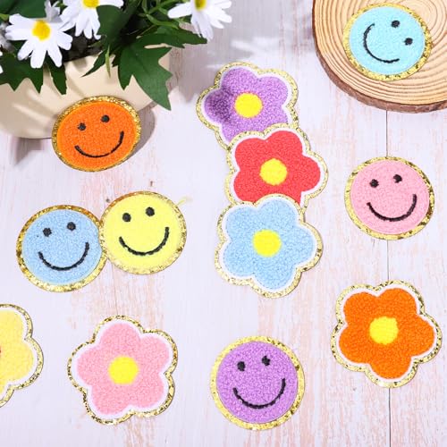 Écussons chenille fleur visage heureux thermocollants pour customisation - 4